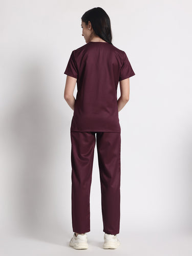 Stretchable (2Way) Female Wine V-Neck With Straight Pant Scrub Set