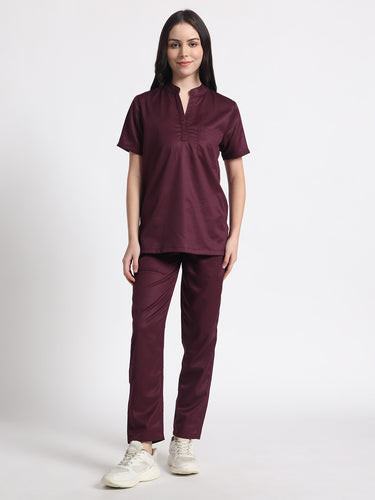 Stretchable (2Way) Female Wine Mandarin Neck With Straight Pant Scrub Set