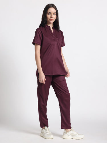 Stretchable (2Way) Female Wine Mandarin Neck With Straight Pant Scrub Set