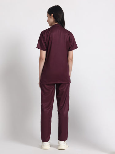 Stretchable (2Way) Female Wine Mandarin Neck With Straight Pant Scrub Set
