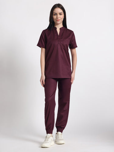 Stretchable (2Way) Female Wine Mandarin Neck With Jogger Scrub Set