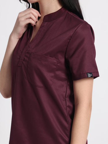 Stretchable (2Way) Female Wine Mandarin Neck Scrub Top