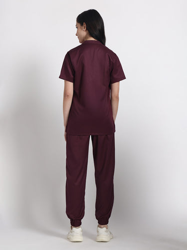 Stretchable (2Way) Female Wine Mandarin Neck With Jogger Scrub Set