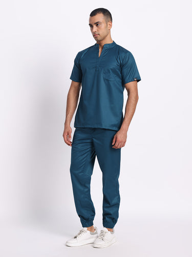 Stretchable (2Way) Male Forest Green Mandarin Neck With Jogger Scrub Set