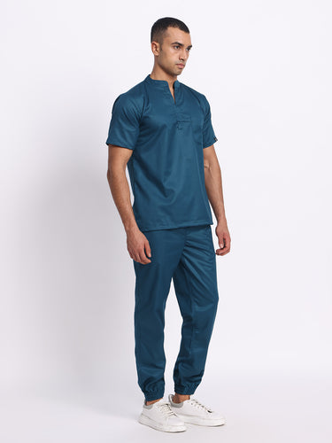 Stretchable (2Way) Male Forest Green Mandarin Neck With Jogger Scrub Set