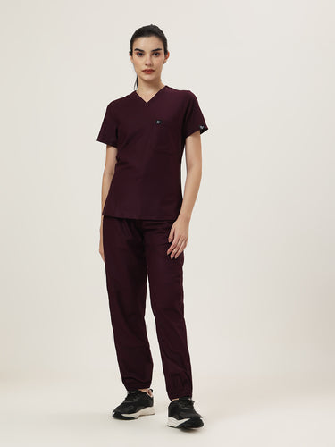 Stretchable (4Way) Female Wine V-Neck With Jogger Scrub Set