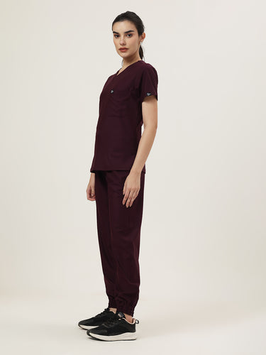 Stretchable (4Way) Female Wine V-Neck With Jogger Scrub Set
