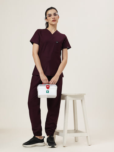 Stretchable (4Way) Female Wine V-Neck With Jogger Scrub Set