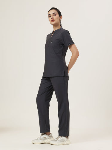Stretchable (4Way) Female Charcoal Grey Mandarin Neck With Straight Pant Set