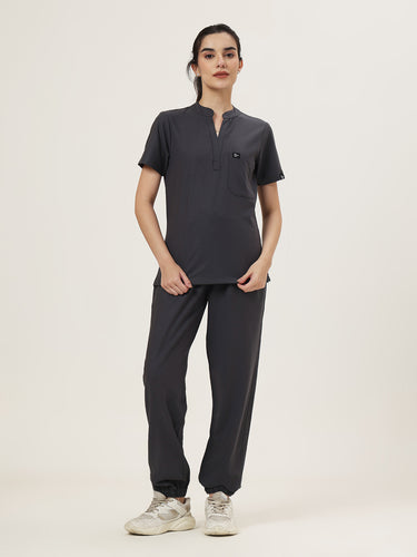 Stretchable (4Way) Female Charcoal Grey Mandarin Neck With Jogger Scrub Set