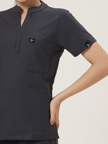 Stretchable (4Way) Female Charcoal Grey Mandarin Neck With Jogger Scrub Set