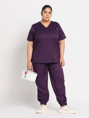 Stretchable (2way) Female Purple V-Neck With Jogger Scrub Set