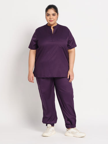 Stretchable (2way) Female Purple Mandarin Neck With Jogger Scrub Set