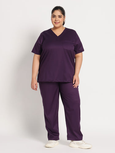 Stretchable (2Way) Female Purple V-Neck With Straight Pant Scrub Set