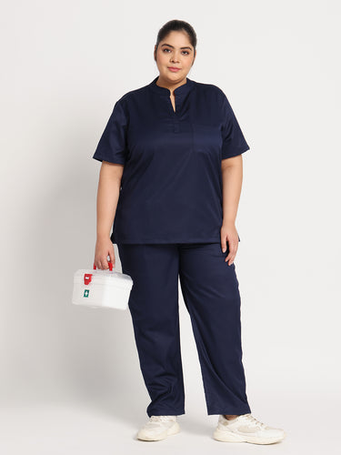 Stretchable (2Way) Female Navy Blue Mandarin Neck With Straight Pant Scrub Set