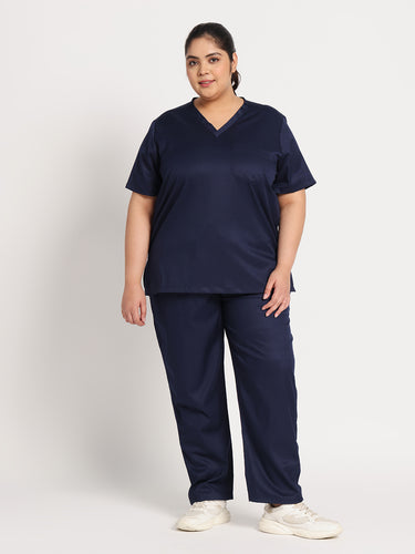 Stretchable (2Way) Female Navy Blue V-Neck With Straight Pant Scrub Set