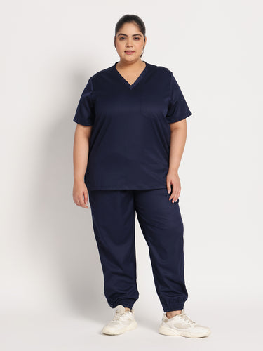 Stretchable (2Way) Female Navy Blue V-Neck With Jogger Scrub Set