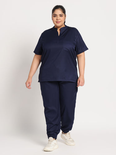 Stretchable (2Way) Female Navy Blue Mandarin Neck With Jogger Scrub Set