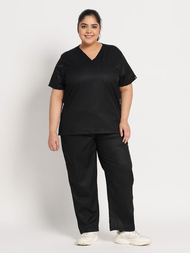 Stretchable (2Way) Female Black V-Neck With Straight Pant Scrub Set