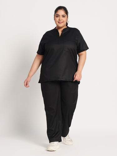 Stretchable (2Way) Female Black Mandarin Neck With Straight Pant Scrub Set