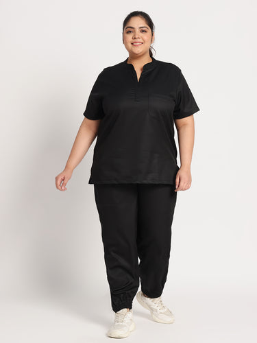 Stretchable (2Way) Female Black Mandarin Neck With Jogger Scrub Set
