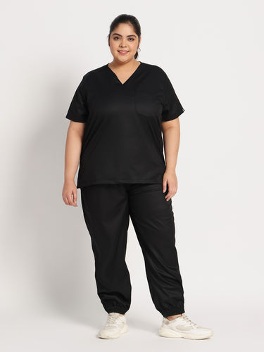 Stretchable (2Way) Female Black V-Neck With Jogger Scrub Set