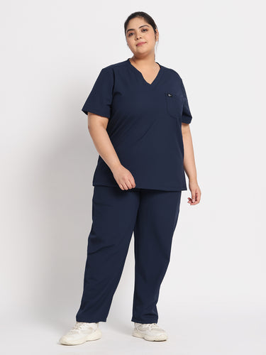Stretchable (4Way) Female Navy Blue V-Neck With Straight Pant Scrub Set