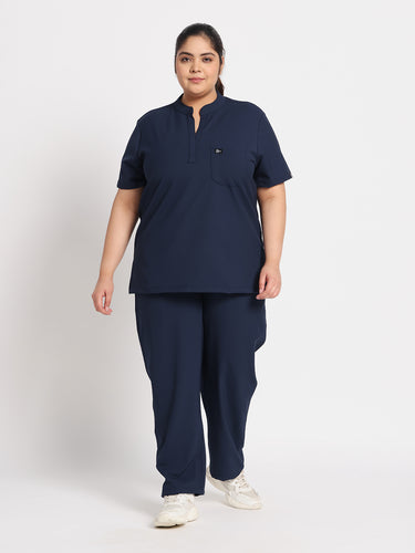 Stretchable (4Way) Female Navy Blue Mandarin Neck With Straight Pant Scrub Set