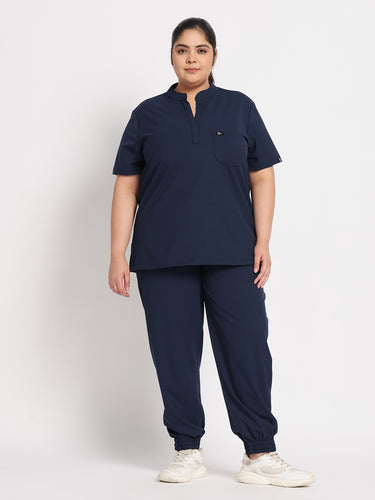 Stretchable (4way) Female Navy Blue Mandarin Neck With Jogger Scrub Set
