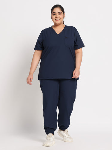 Stretchable (4Way) Female Navy Blue V-Neck With Jogger Scrub Set
