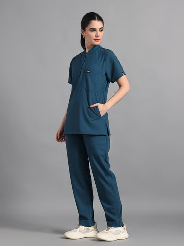 Stretchable (4Way) Peacock Blue Women Flex Zip Neckline Top With Straight Pants