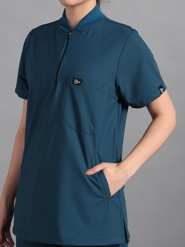 Stretchable (4Way) Peacock Blue Women Flex Zip Neckline Top With Straight Pants