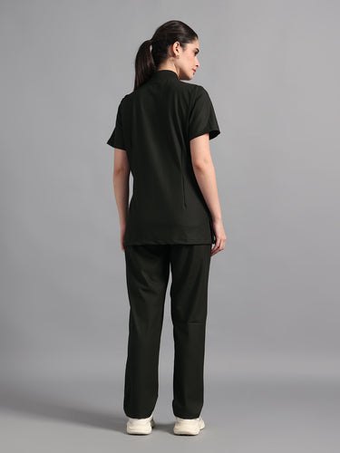 Stretchable (4Way) Olive Green Women Flex Zip Neckline Top With Straight Pants