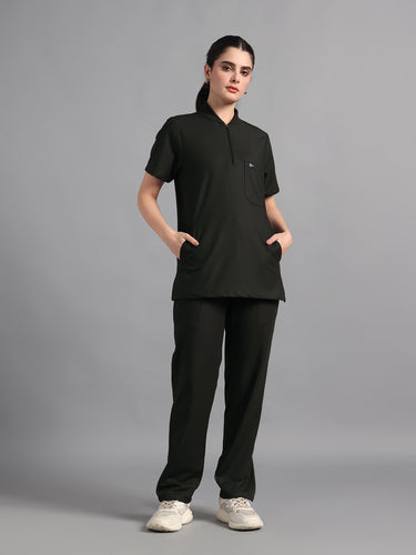Stretchable (4Way) Olive Green Women Flex Zip Neckline Top With Straight Pants