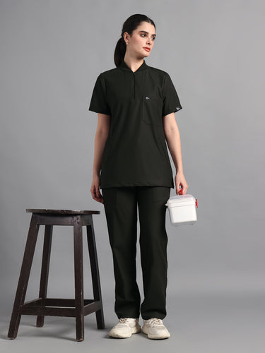 Stretchable (4Way) Olive Green Women Flex Zip Neckline Top With Straight Pants