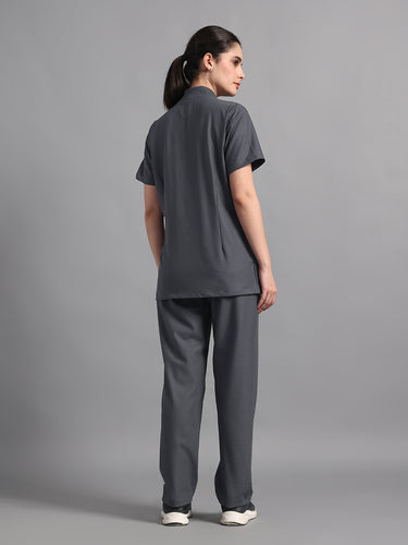 Stretchable (4Way) Charcoal Grey Women Flex Zip Neckline Top With Straight Pants