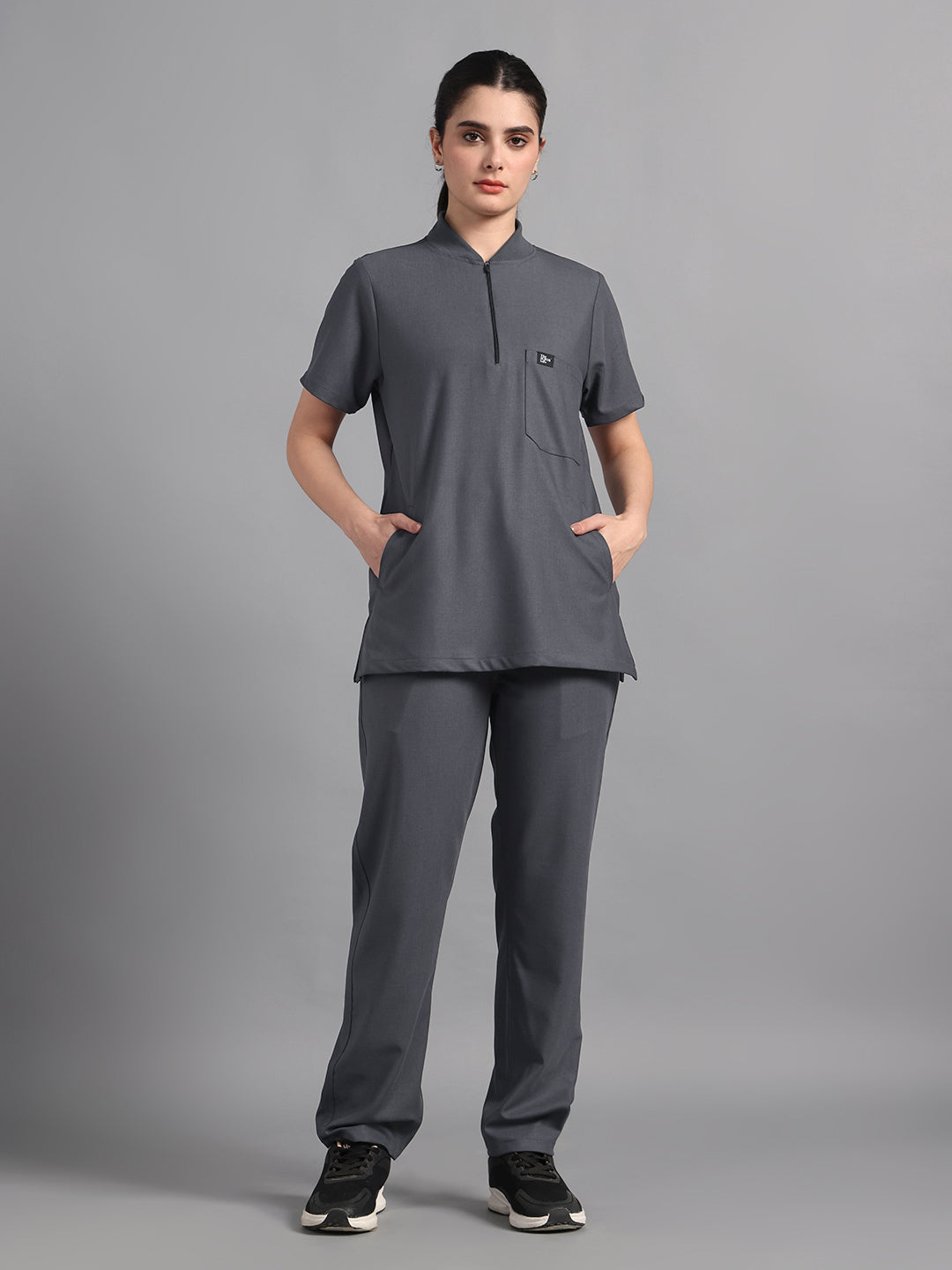 Stretchable (4Way) Charcoal Grey Women Flex Zip Neckline Top With Stra ...