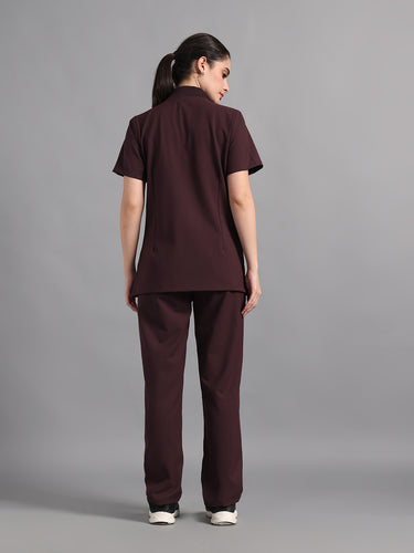Stretchable (4Way) Burgundy Women Flex Zip Neckline Top With Straight Pants