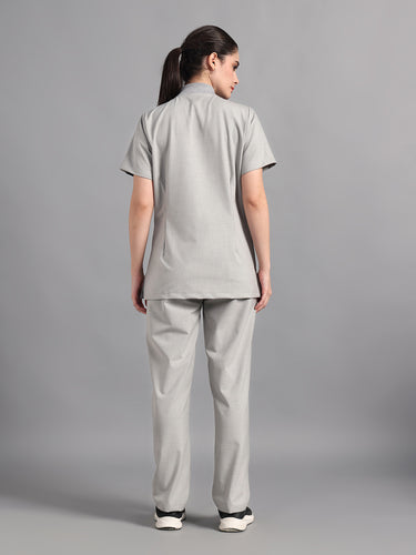 Stretchable (4Way) Light Grey Women Flex Zip Neckline Top With Straight Pants