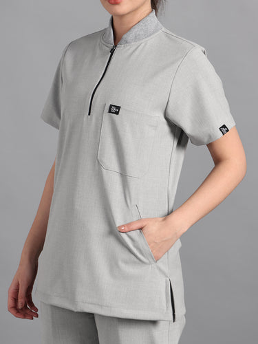 Stretchable (4Way) Light Grey Women Flex Zip Neckline Top With Straight Pants