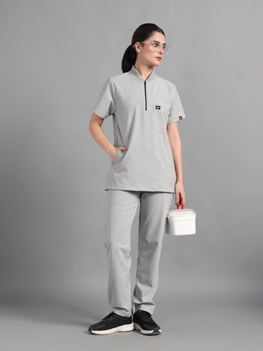 Stretchable (4Way) Light Grey Women Flex Zip Neckline Top With Straight Pants