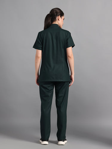 Stretchable (4Way) Midnight Green Women Flex Zip Neckline Top With Straight Pants