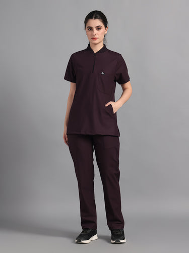 Stretchable (4Way) Wine Women Flex Zip Neckline Top With Straight Pants