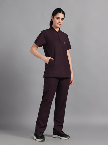 Stretchable (4Way) Wine Women Flex Zip Neckline Top With Straight Pants