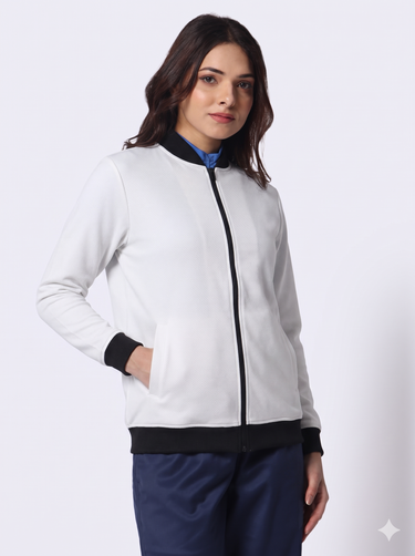Women Classic White Fabric & Black Rib Jacket