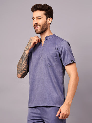 Stretchable (2Way) Male Denim Blue Texture Mandarin Neck Scrub Top