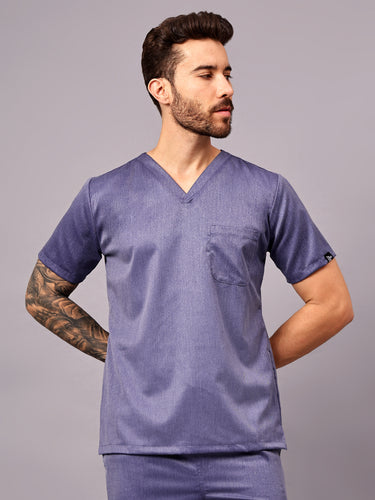 Stretchable (2Way) Male Denim Blue Texture V-Neck With Straight Pant Scrub Set