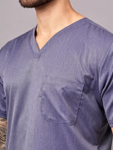 Stretchable (2Way) Male Denim Blue Texture V-Neck With Straight Pant Scrub Set