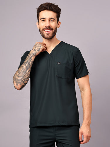 Stretchable (4Way) Male Mid Night Green V-Neck With Jogger Scrub Set