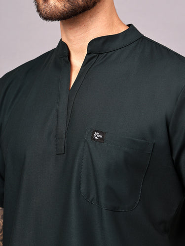 Stretchable (4Way) Male Mandarin Neck Mid Night Green Scrub Top